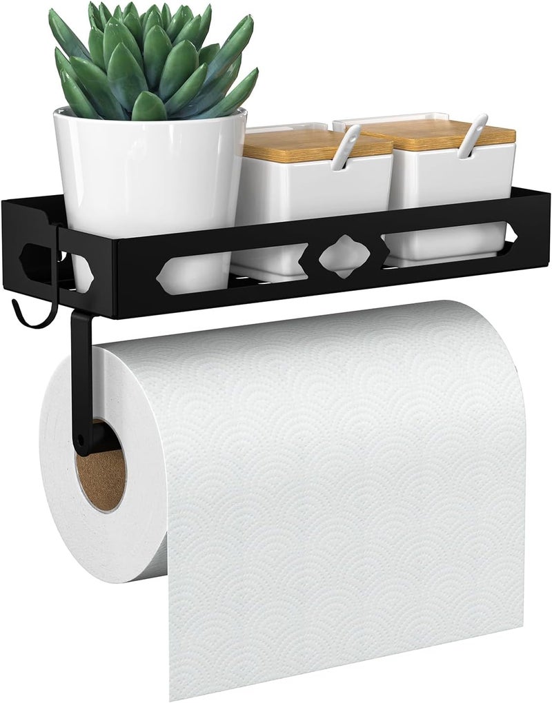 GAGUIUP Paper Towel Holder Wall Mount for Kitchen, Easy One-handed Operation Design, Self Adhesive Paper Towel Holder with Shelf for Bathroom, RV Paper Towel Rack Paper Roll Holder with 2 Hooks, Black - Image 1